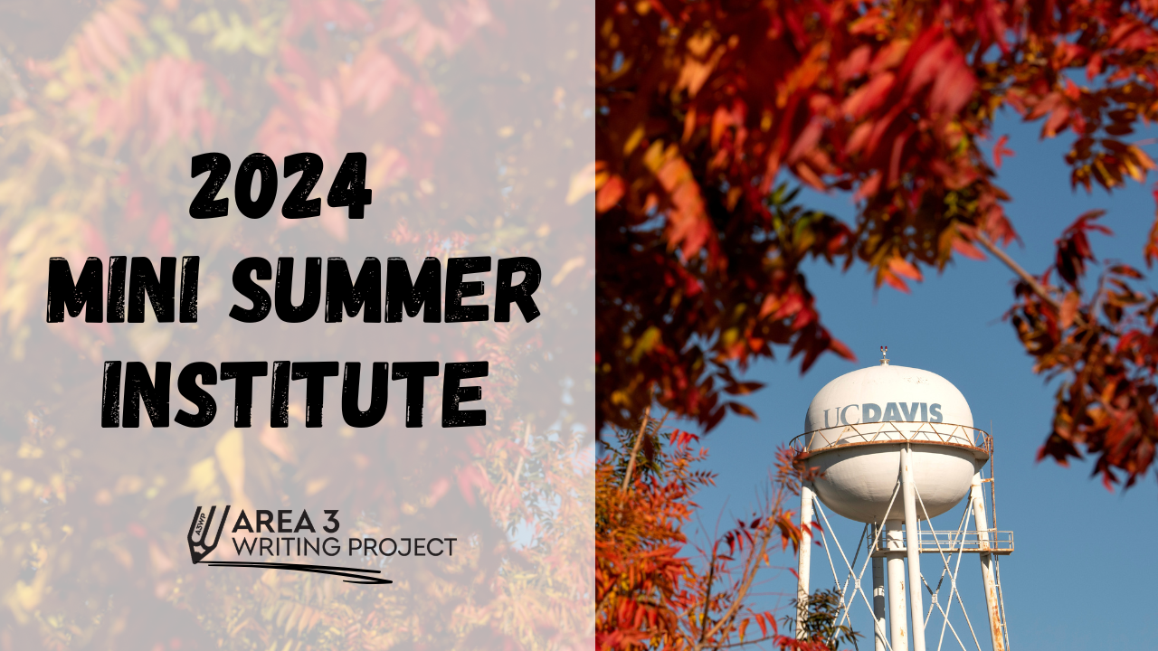 The UC Davis water tower surrounded by the read leaves of trees with the title 2024 Mini Summer Institute
