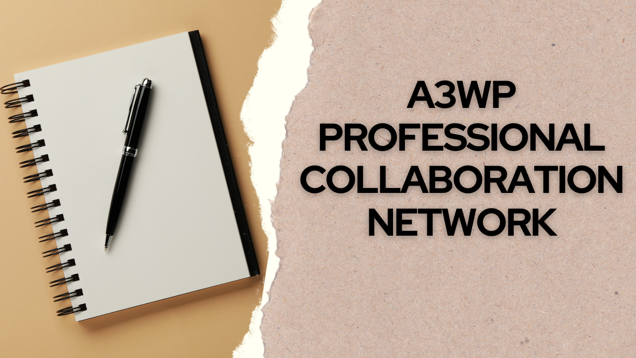 A spiral notebook sits on a beige surface with a black pen on top next to the words A3WP Professional Collaboration Network