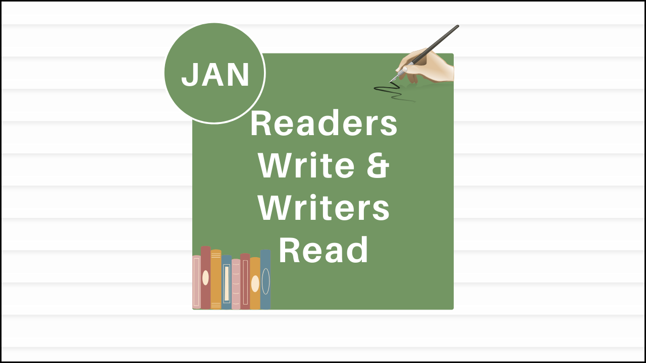 A green background over lined paper with a book and a hand writing accompanied by the words "readers write and writers read"
