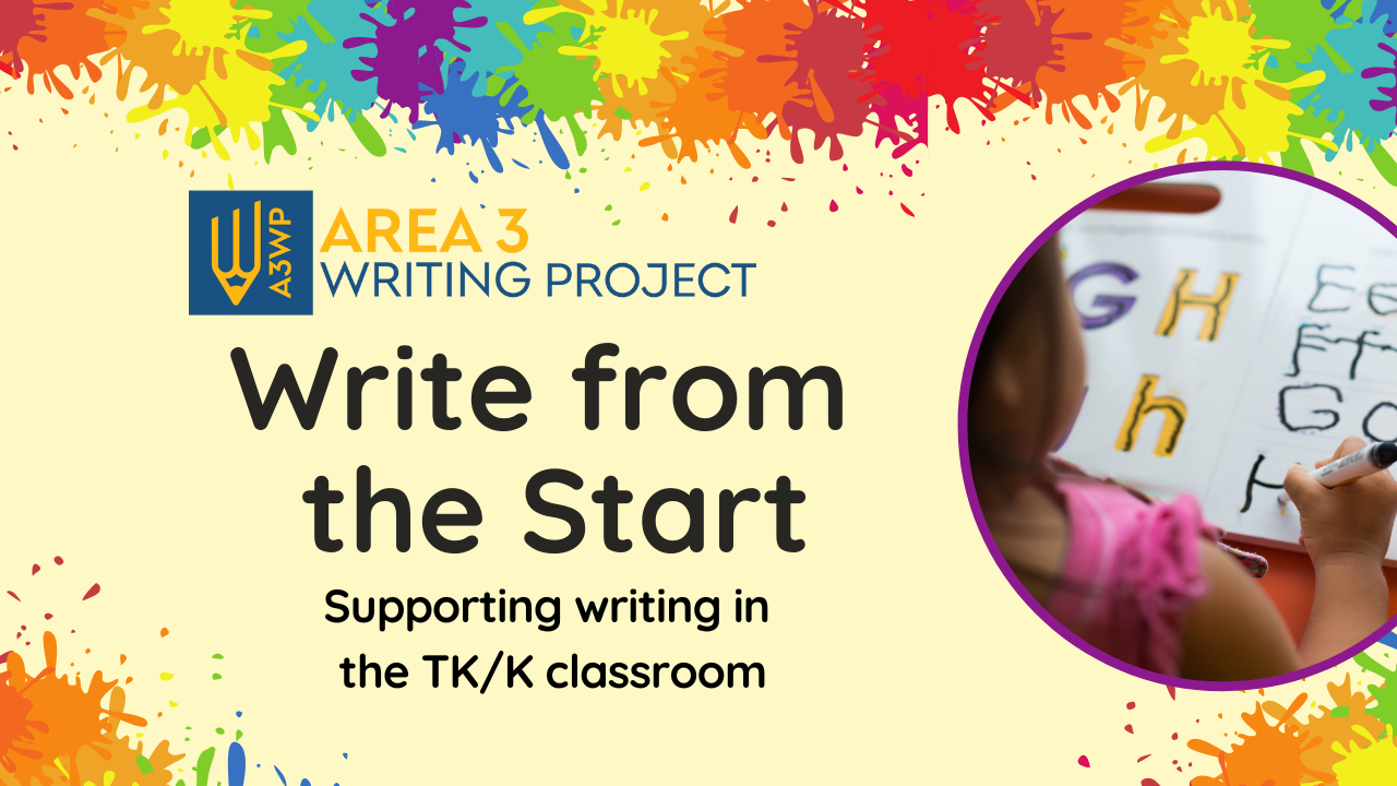 On a yellow background with rainbow splatter paint there is the title and details for the Write from the Start workshop. Also has a color photo of a young child writing the letter H on a paper