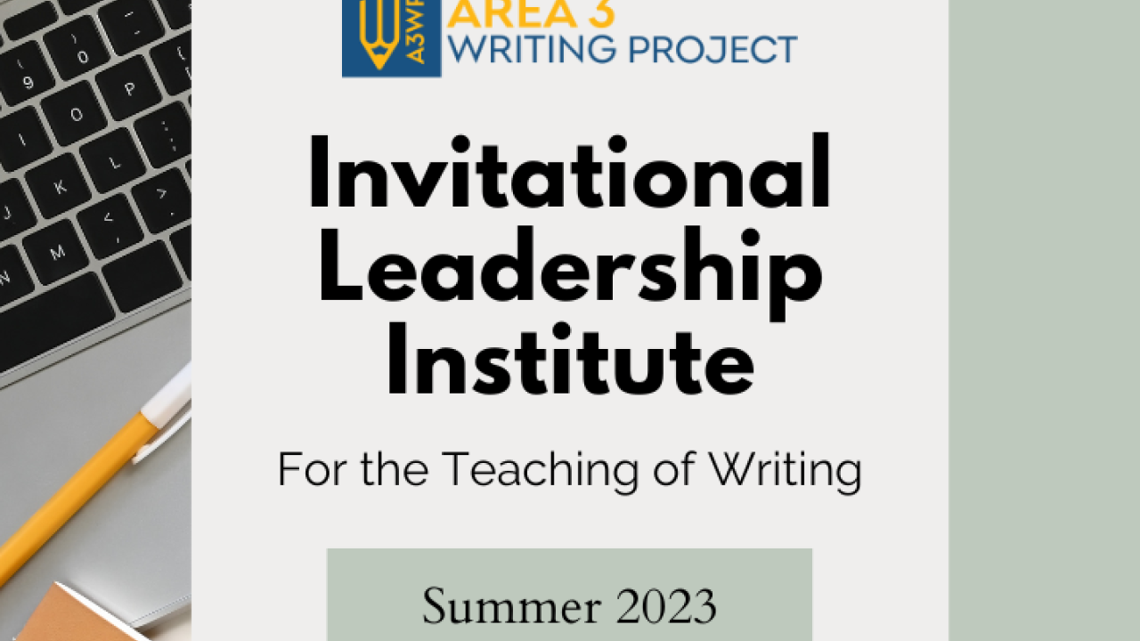 Sage green background with an image of a computer and notebook with the words Invitational Leadership Institute, Summer 2023