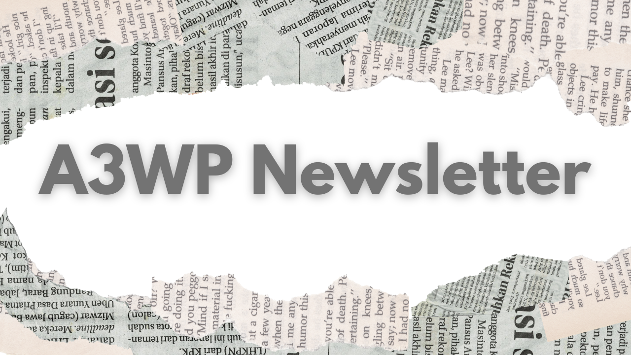 Various newspaper clippings surrounding the text "A3WP Newsletter"