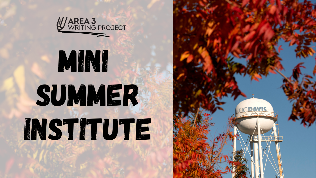 photo of the UC Davis water tower surrounded by red fall leaves with the title Mini Summer Institute 