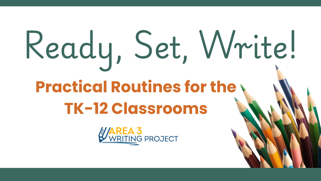 On a white background with green at the top and bottom. There is a bundle of color pencils and the title Ready Set Write