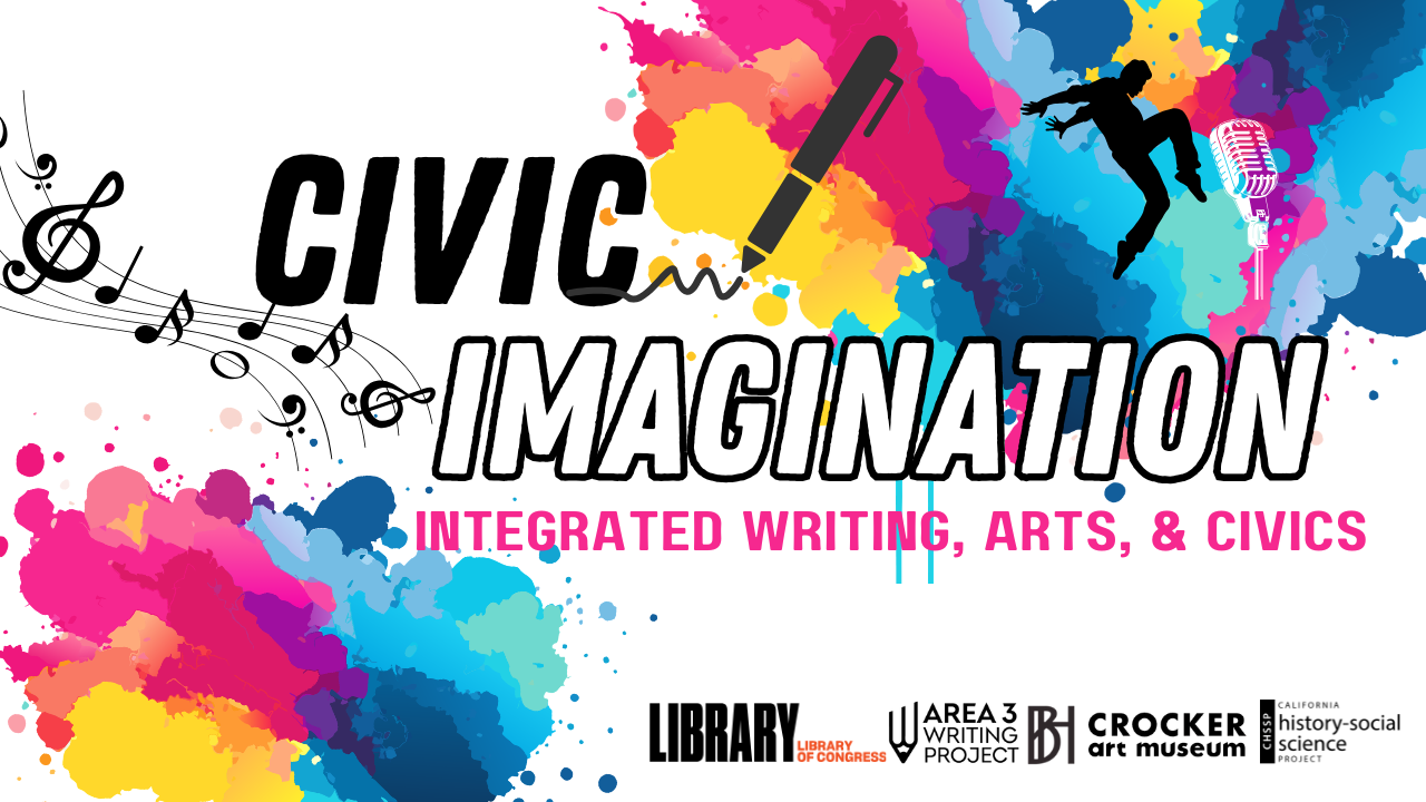 Graphic banner 'Civic Imagination' with colorful splashes, performing arts silhouettes and logos
